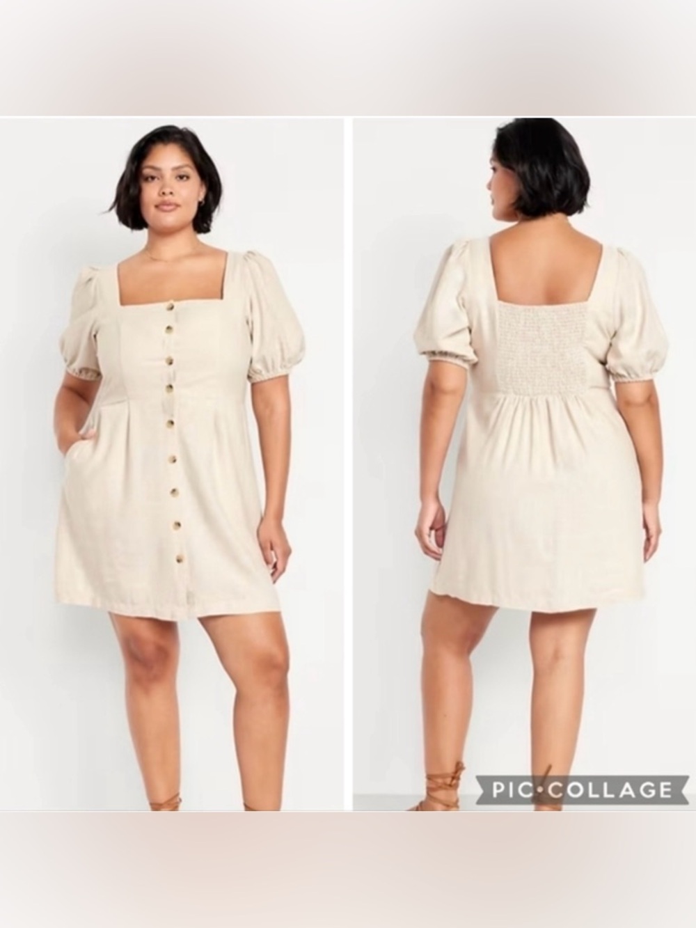 Old Navy Linen Blend Puff Sleeve Dress Size 3X Beige Button Front Mini